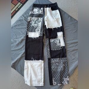 SHEIN Black & White Patchwork Bandana Straight Jeans